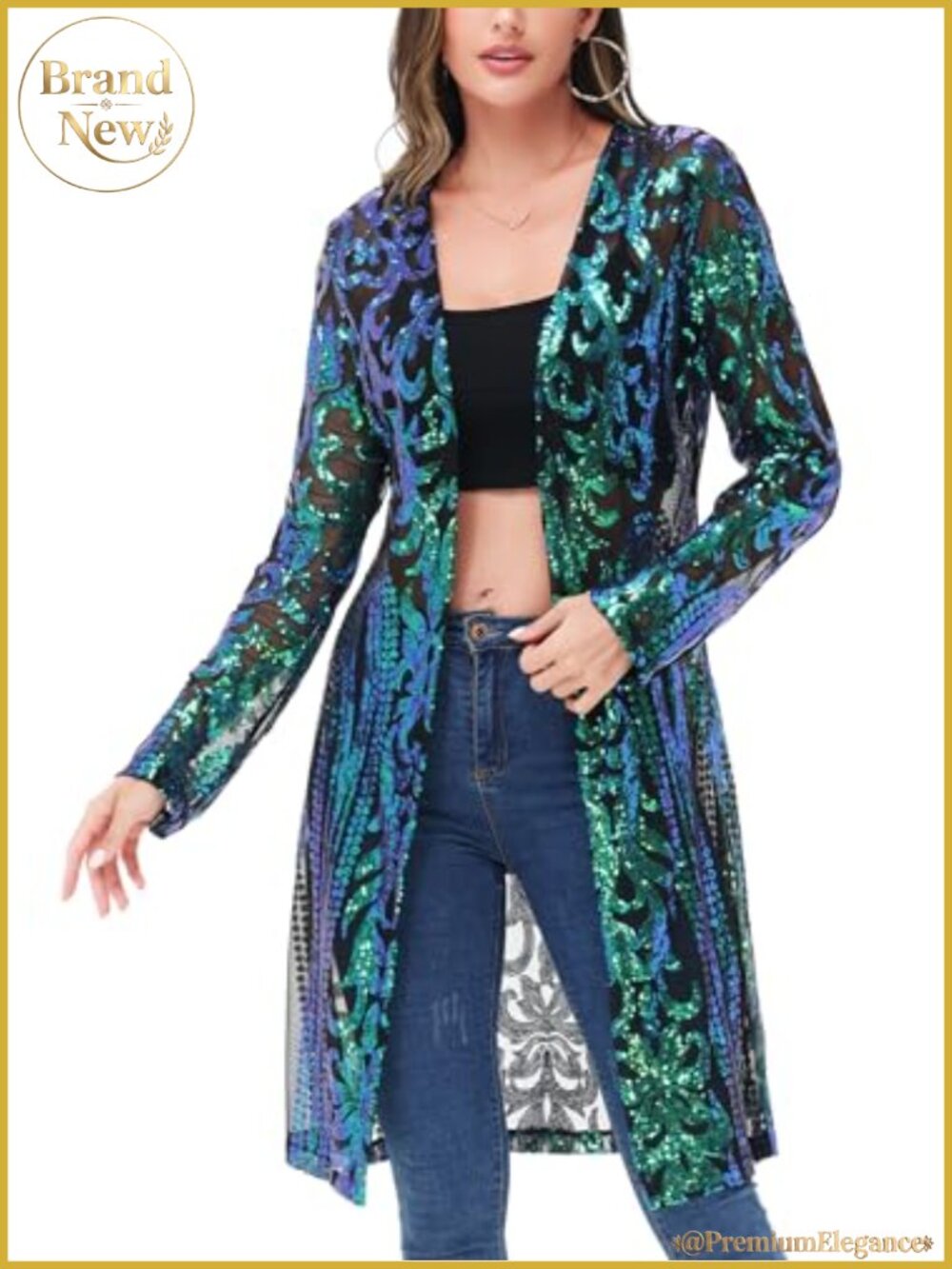 Sparkly Sequin Cardigan Long Sleeve Open Front Glitter Kimono